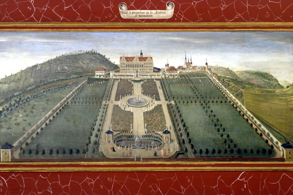 Schloss Weikersheim mit Gartenanlage, Lambrisbild im Rittersaal, Schloss Weikersheim