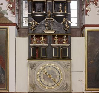 Weikersheim Palace, large clock in the Knight's Hall