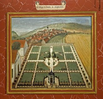 Lambrisbild, Rittersaal, Schloss Weikersheim: Gartenanlage beim Lusthaus in Schäftersheim
