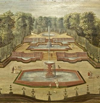 Blick auf drei Fontänen in Versailles, Lambrisbild im Rittersaal, Schloss Weikersheim