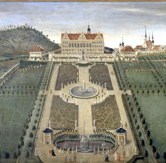 Schloss und Schlossgarten Weikersheim, Ansicht Weikersheim, Lambrisbild im Rittersaal