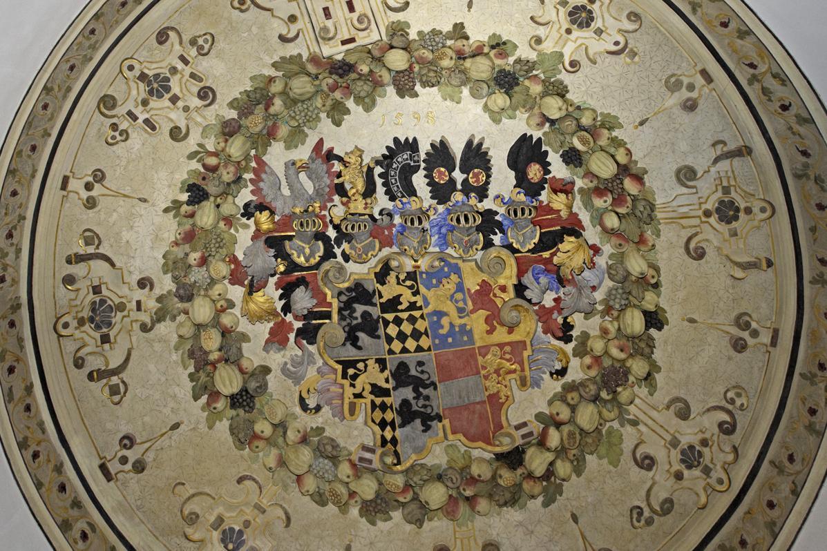Detailreiches Wappengemälde, Treppenraum, Schloss Weikersheim