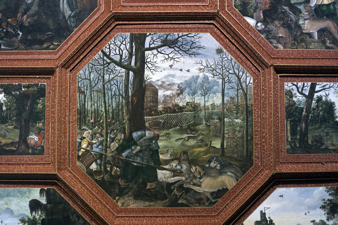 Jagdszene, Detail aus der Deckenmalerei im Rittersaal, Schloss Weikersheim