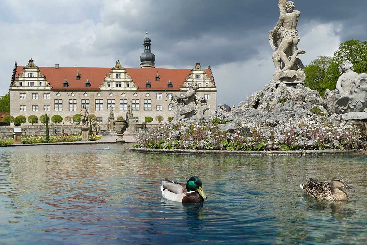 Im Herkulesbrunnen im Garten von Schloss Weikersheim schwimmen die Enten gerne herum