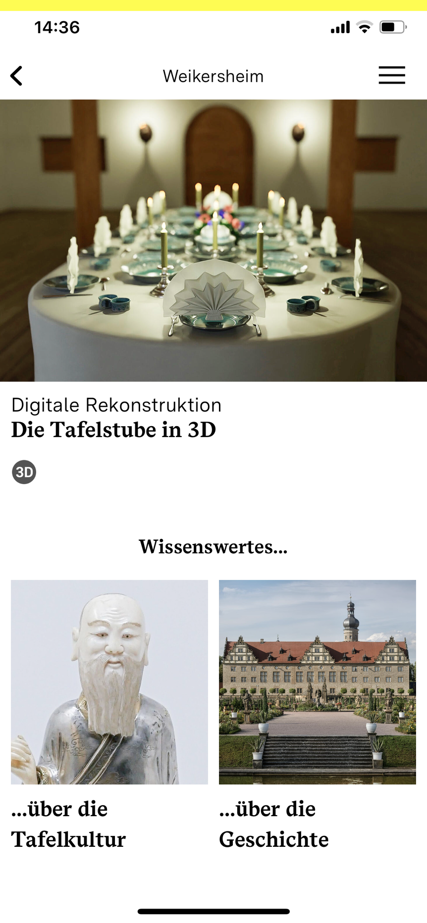 Schloss und Schlossgarten Weikersheim, Sonstiges, App, Monumente 3D, Screenshot Menü