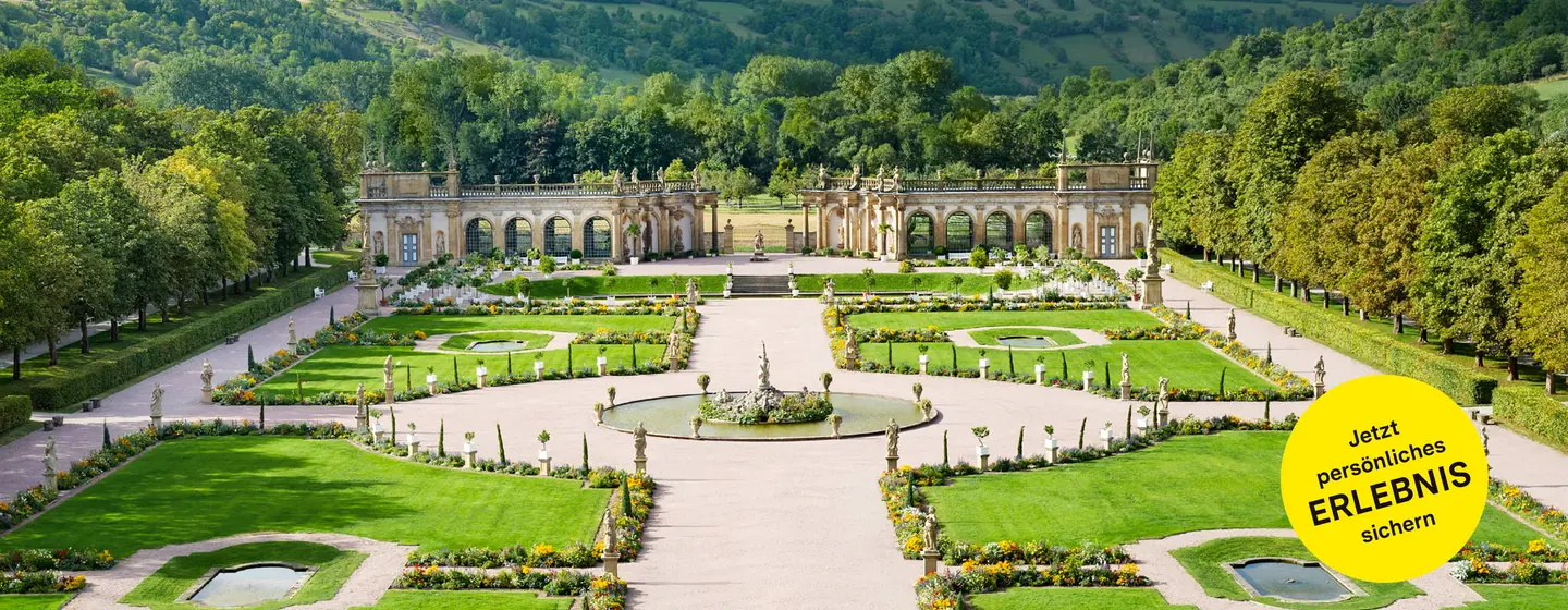 Schloss und Schlossgarten Weikersheim, Vogelansicht des Gartens