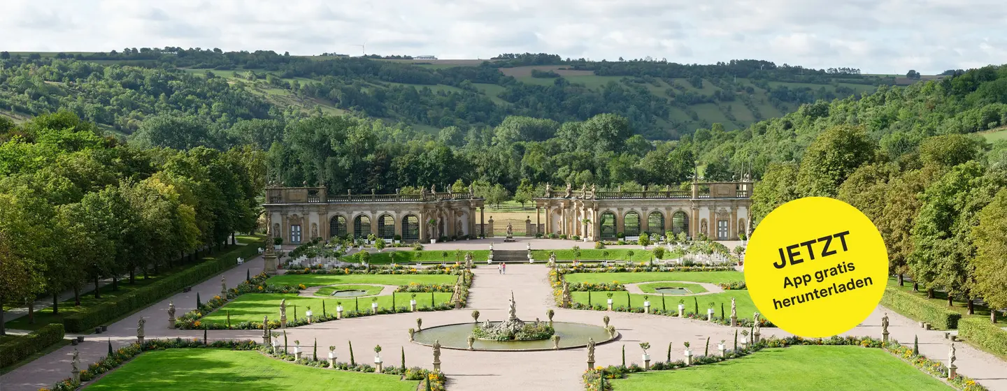 Schloss und Schlossgarten Weikersheim, Vogelansicht des Gartens